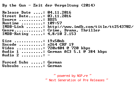 NFO for the release By.the.Gun.Zeit.der.Vergeltung.German.2014.AC3.BDRip.x264-SPiCY by SPiCY