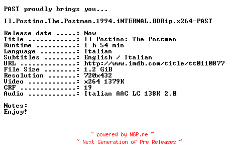 NFO for the release Il.Postino.The.Postman.1994.iNTERNAL.BDRip.x264-PAST by PAST
