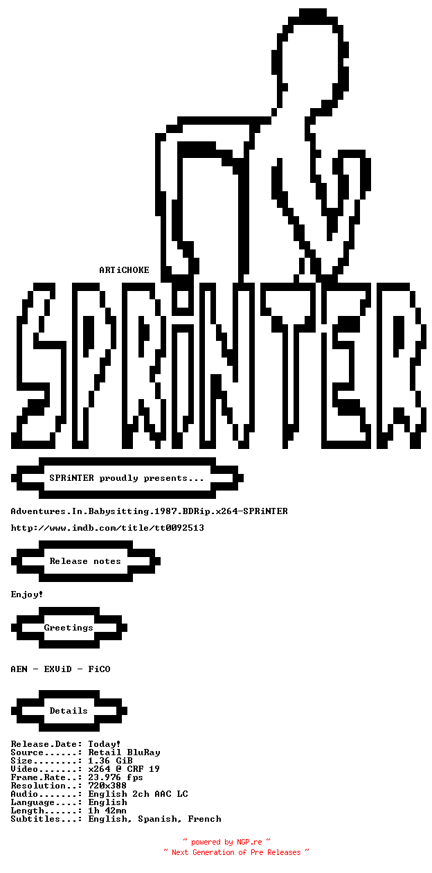 NFO for the release Adventures.In.Babysitting.1987.iNTERNAL.BDRip.x264-SPRiNTER by SPRiNTER