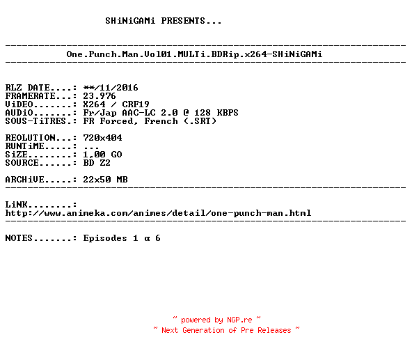 NFO for the release One.Punch.Man.Vol01.MULTi.BDRip.x264-SHiNiGAMi by SHiNiGAMi