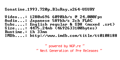NFO for the release Sonatine.1993.720p.BluRay.x264-USURY by USURY