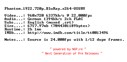 NFO for the release Phantom.1922.720p.BluRay.x264-USURY by USURY
