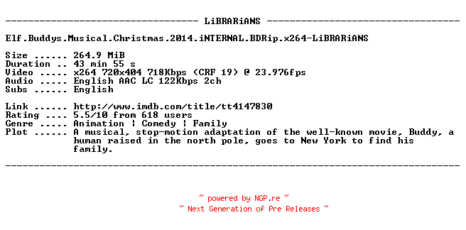 NFO for the release Elf.Buddys.Musical.Christmas.2014.iNTERNAL.BDRip.x264-LiBRARiANS by LiBRARiANS