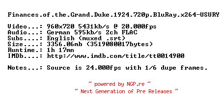 NFO for the release Finances.of.the.Grand.Duke.1924.720p.BluRay.x264-USURY by USURY