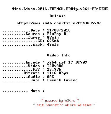 NFO for the release Nine.Lives.2016.FRENCH.BDRip.x264-PRiDEHD by PRiDEHD