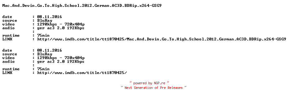 NFO for the release Mac.And.Devin.Go.To.High.School.2012.German.AC3D.BDRip.x264-GSG9 by GSG9