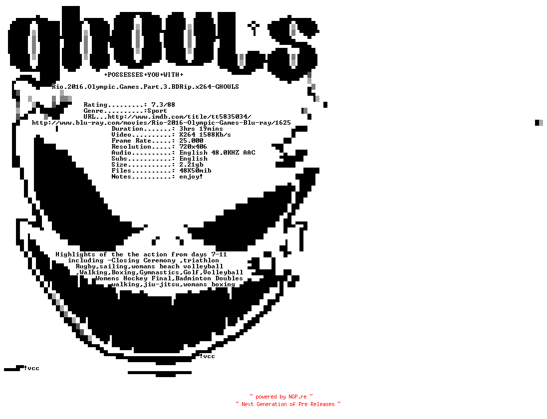 NFO for the release Rio.2016.Olympic.Games.Part.3.BDRip.x264-GHOULS by GHOULS