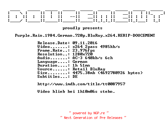 NFO for the release Purple.Rain.1984.German.720p.BluRay.x264.RERIP-DOUCEMENT by DOUCEMENT
