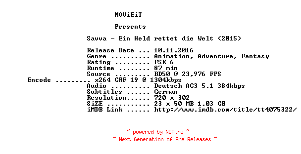 NFO for the release Savva.Ein.Held.rettet.die.Welt.German.2015.AC3.BDRip.x264-MOViEiT by MOViEiT