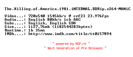 NFO for the release The.Killing.of.America.1981.iNTERNAL.BDRip.x264-MANiC by MANiC
