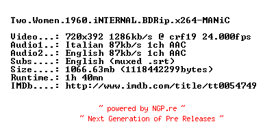 NFO for the release Two.Women.1960.iNTERNAL.BDRip.x264-MANiC by MANiC