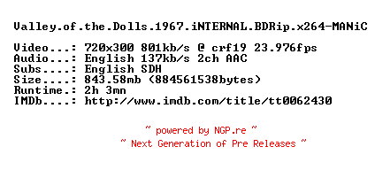 NFO for the release Valley.of.the.Dolls.1967.iNTERNAL.BDRip.x264-MANiC by MANiC