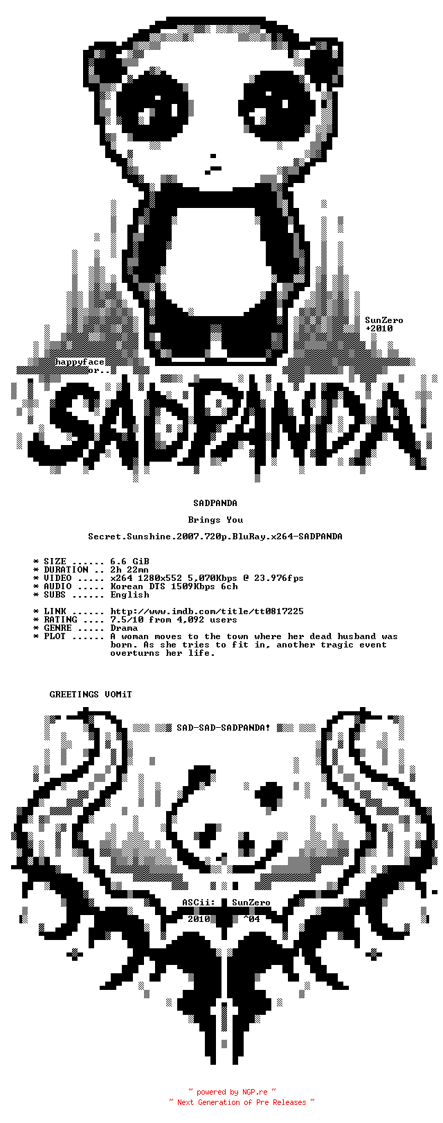 NFO for the release Secret.Sunshine.2007.720p.BluRay.x264-SADPANDA by SADPANDA