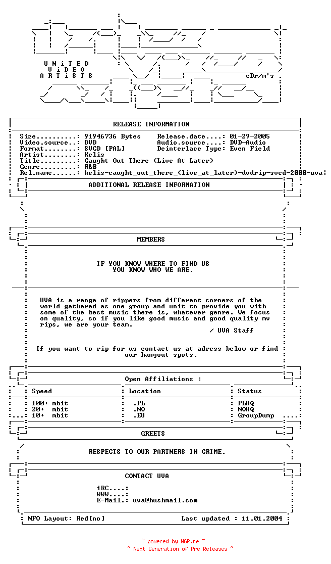 NFO for the release Kelis-caught_out_there_(live_at_later)-dvdrip-svcd-2000-uva by uva