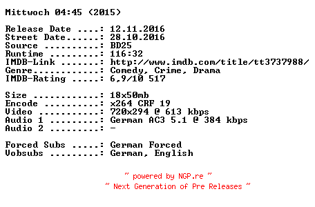 NFO for the release Mittwoch.04.45.German.2015.AC3.BDRip.x264-SPiCY by SPiCY