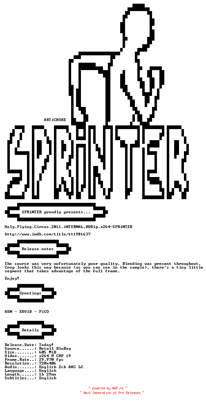NFO for the release Holy.Flying.Circus.2011.iNTERNAL.BDRip.x264-SPRiNTER by SPRiNTER