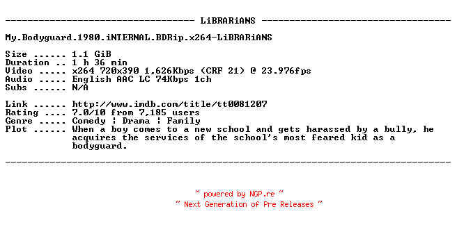 NFO for the release My.Bodyguard.1980.iNTERNAL.BDRip.x264-LiBRARiANS by LiBRARiANS