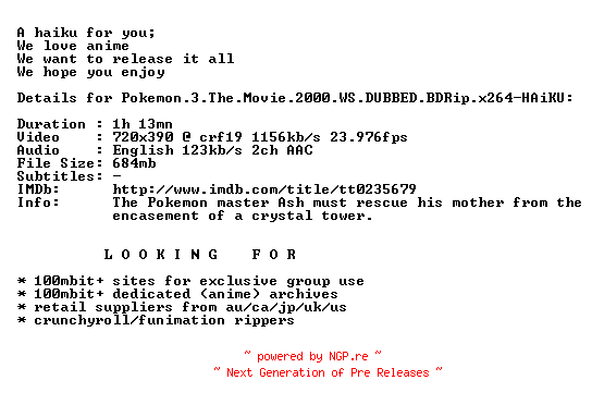 NFO for the release Pokemon.3.The.Movie.2000.WS.DUBBED.BDRip.x264-HAiKU by HAiKU