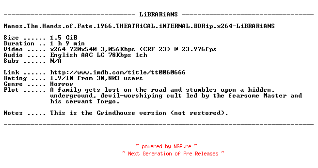 NFO for the release Manos.The.Hands.of.Fate.1966.THEATRiCAL.iNTERNAL.BDRip.x264-LiBRARiANS by LiBRARiANS