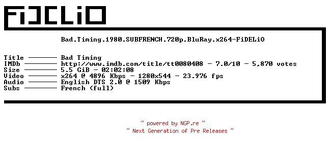 NFO for the release Bad.Timing.1980.SUBFRENCH.720p.BluRay.x264-FiDELiO by FiDELiO