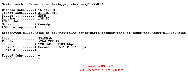 NFO for the release Mario.Barth.Maenner.sind.bekloppt.aber.sexy.German.2016.AC3.BDRip.x264-SPiCY by SPiCY