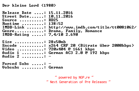 NFO for the release Der.kleine.Lord.German.1980.AC3.BDRip.x264-SPiCY by SPiCY