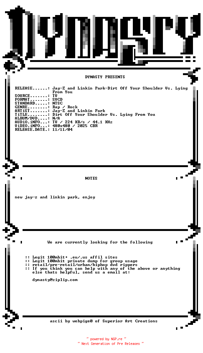 NFO for the release Jay-Z_and_Linkin_Park-Dirt_Off_Your_Shoulder_Vs._Lying_From_You-SVCD-2004-DYNASTY by DYNASTY