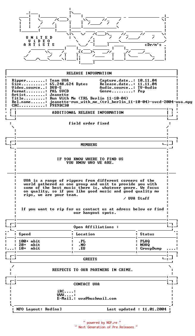 NFO for the release Jeanette-run_with_me_(trl_berlin_11-10-04)-svcd-2004-uva by uva