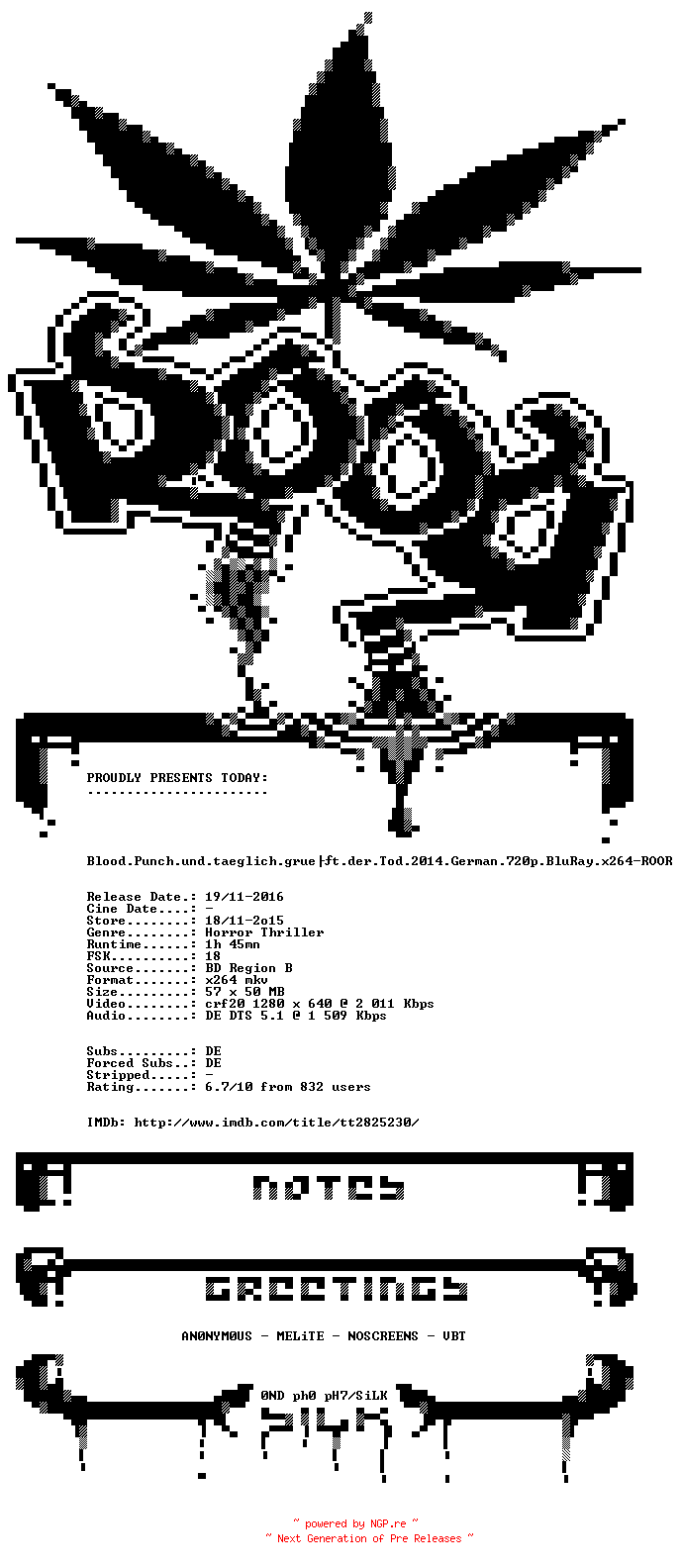 NFO for the release Blood.Punch.und.taeglich.gruesst.der.Tod.2014.German.720p.BluRay.x264-ROOR by ROOR