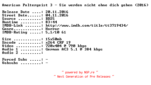 NFO for the release American.Poltergeist.3.Sie.werden.nicht.ohne.dich.gehen.German.2015.AC3.BDRip.x264-SPiCY by SPiCY