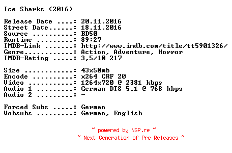 NFO for the release Ice.Sharks.Der.Tod.hat.rasiermesserscharfe.Zaehne.2016.German.720p.BluRay.x264-SPiCY by SPiCY