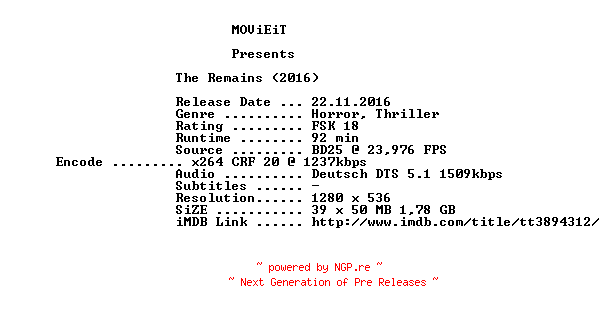 NFO for the release The.Remains.2016.German.720p.BluRay.x264-MOViEiT by MOViEiT