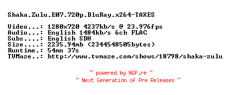 NFO for the release Shaka.Zulu.E07.720p.BluRay.x264-TAXES by TAXES