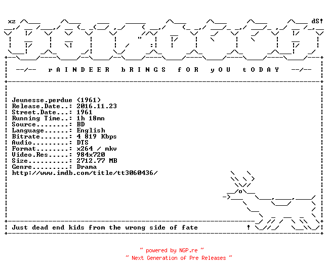 NFO for the release Jeunesse.perdue.1961.720p.BluRay.x264-RAiNDEER by RAiNDEER