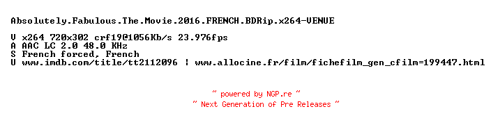 NFO for the release Absolutely.Fabulous.The.Movie.2016.FRENCH.BDRip.x264-VENUE by VENUE