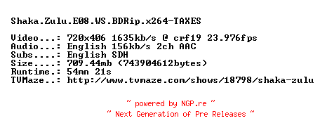 NFO for the release Shaka.Zulu.E08.WS.BDRip.x264-TAXES by TAXES