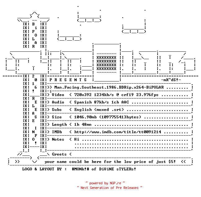 NFO for the release Man.Facing.Southeast.1986.BDRip.x264-BiPOLAR by BiPOLAR