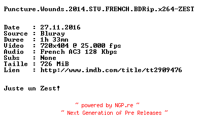 NFO for the release Puncture.Wounds.2014.STV.FRENCH.BDRip.x264-ZEST by ZEST