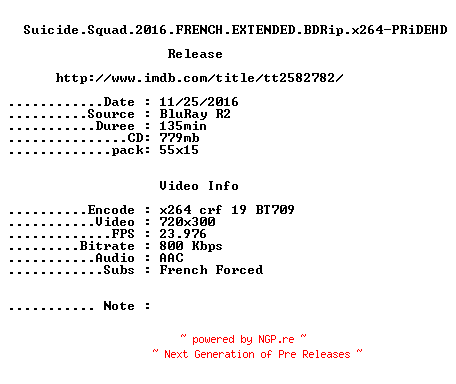 NFO for the release Suicide.Squad.2016.FRENCH.EXTENDED.BDRip.x264-PRiDEHD by PRiDEHD