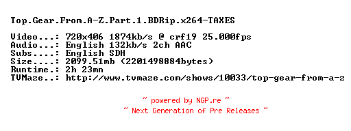 NFO for the release Top.Gear.From.A-Z.Part.1.BDRip.x264-TAXES by TAXES