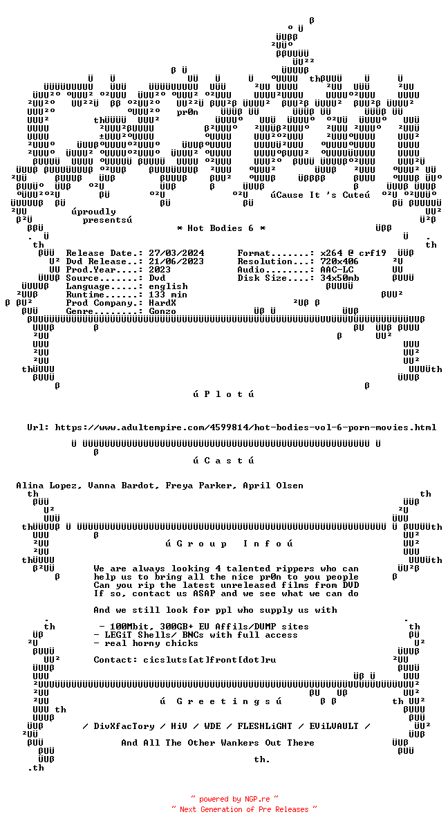 NFO for the release Hot.Bodies.6.XXX.DVDRip.x264-CiCXXX by CiCXXX