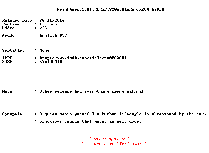 NFO for the release Neighbors.1981.RERiP.720p.BluRay.x264-EiDER by EiDER