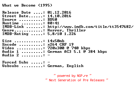 NFO for the release What.We.Become.German.2015.AC3.BDRip.x264-SPiCY by SPiCY