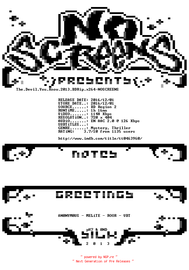 NFO for the release The.Devil.You.Know.2013.BDRip.x264-NOSCREENS by NOSCREENS