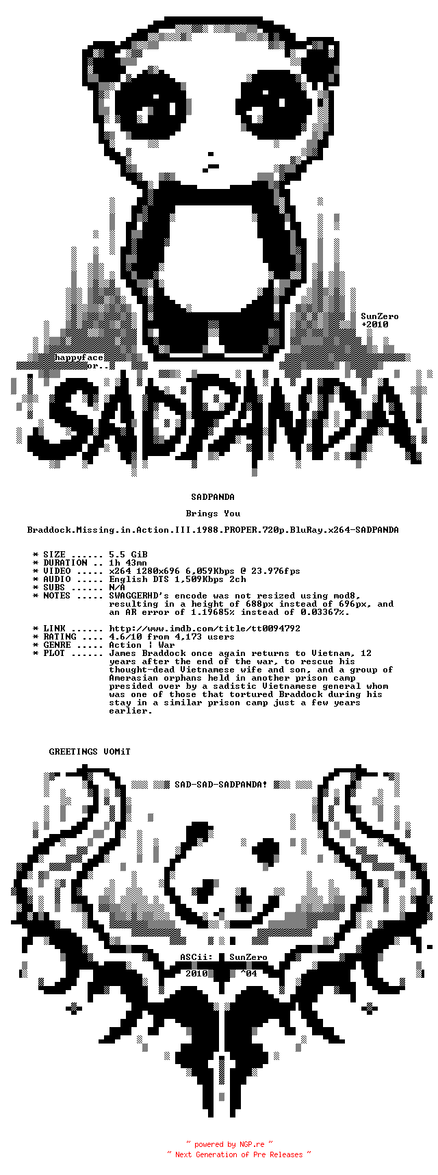 NFO for the release Braddock.Missing.in.Action.III.1988.PROPER.720p.BluRay.x264-SADPANDA by SADPANDA