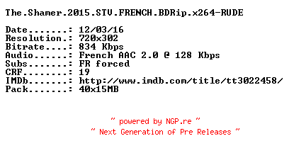 NFO for the release The.Shamer.2015.STV.FRENCH.BDRip.x264-RUDE by RUDE
