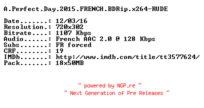 NFO for the release A.Perfect.Day.2015.FRENCH.BDRip.x264-RUDE by RUDE