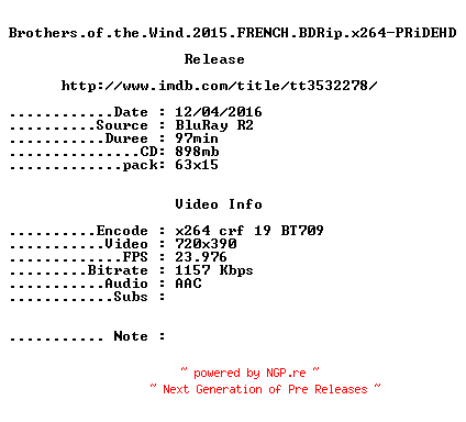 NFO for the release Brothers.of.the.Wind.2015.FRENCH.BDRip.x264-PRiDEHD by PRiDEHD