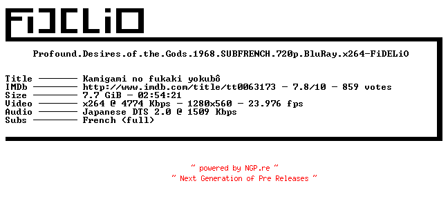 NFO for the release Profound.Desires.of.the.Gods.1968.SUBFRENCH.720p.BluRay.x264-FiDELiO by FiDELiO