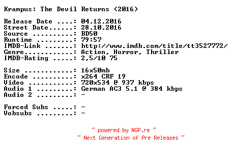 NFO for the release Krampus.The.Christmas.Devil.Returns.German.2016.AC3.BDRip.x264-SPiCY by SPiCY